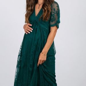 Forest Green Lace Mesh Overlay Maternity Maxi Dress